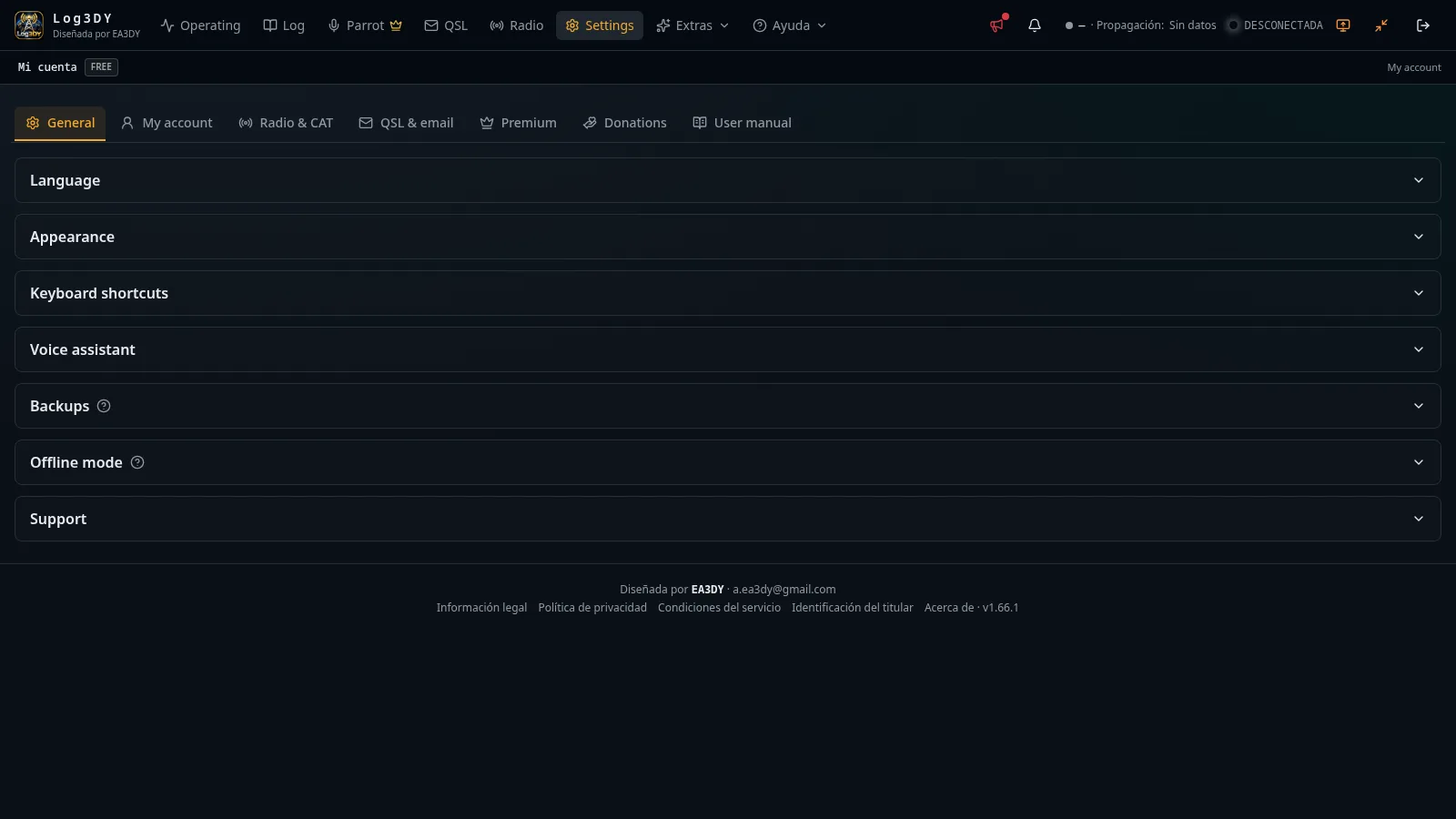 Ajustes de LOG3DY: idioma, apariencia, atajos, copias de seguridad y modo offline