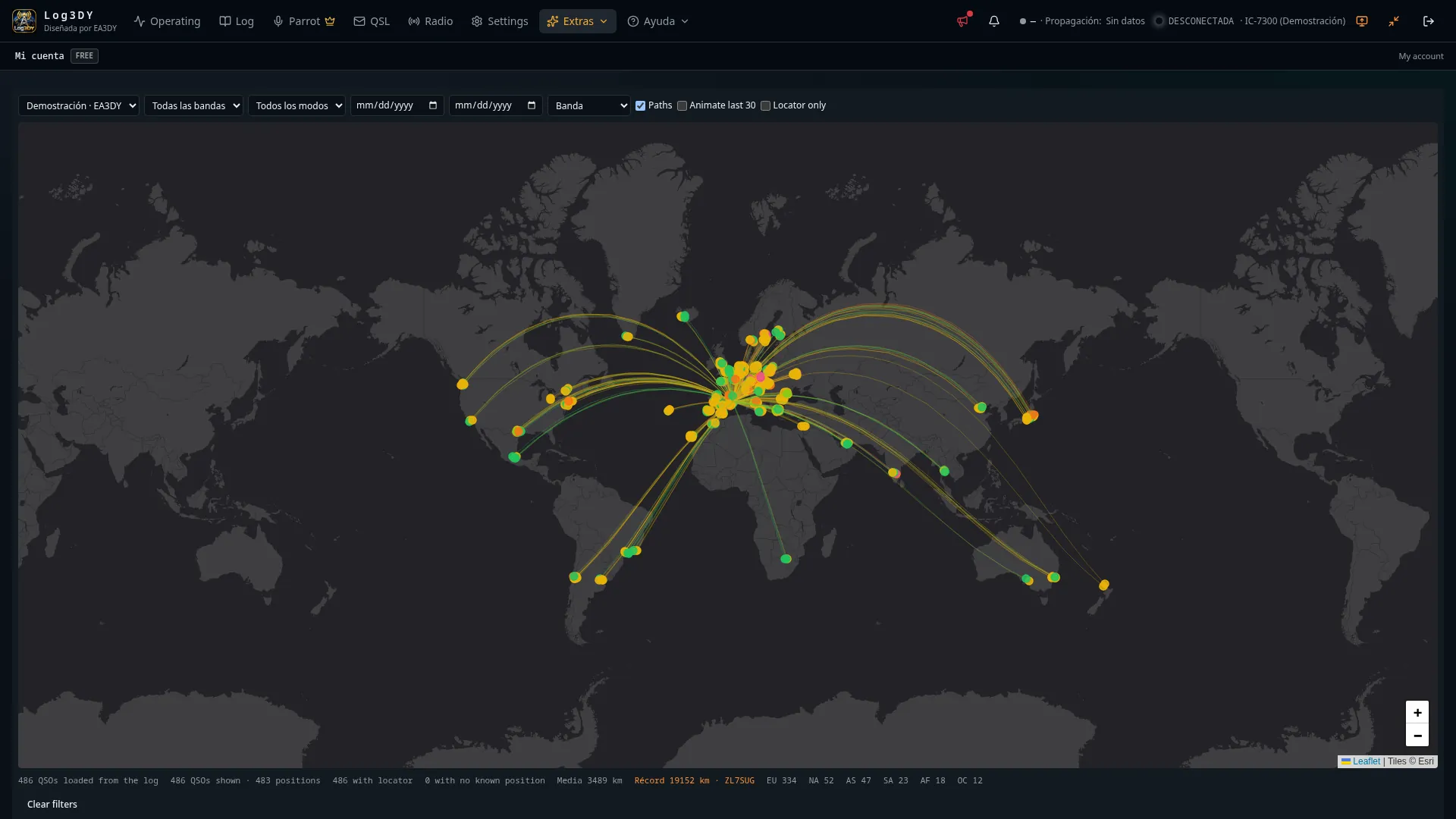 Mapa mundial con los trayectos de los contactos del libro de demostración