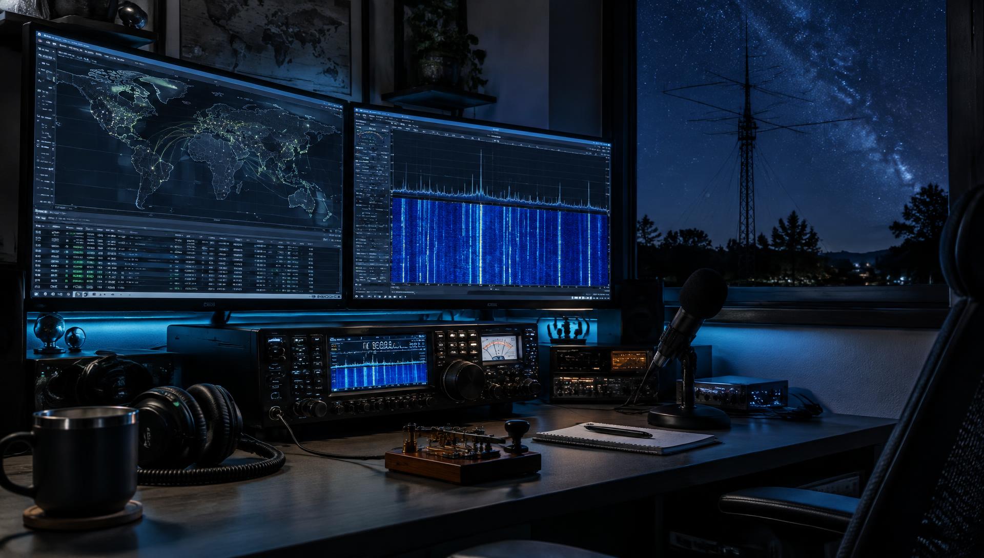 Estación de radioaficionado con monitores y transceptor HF